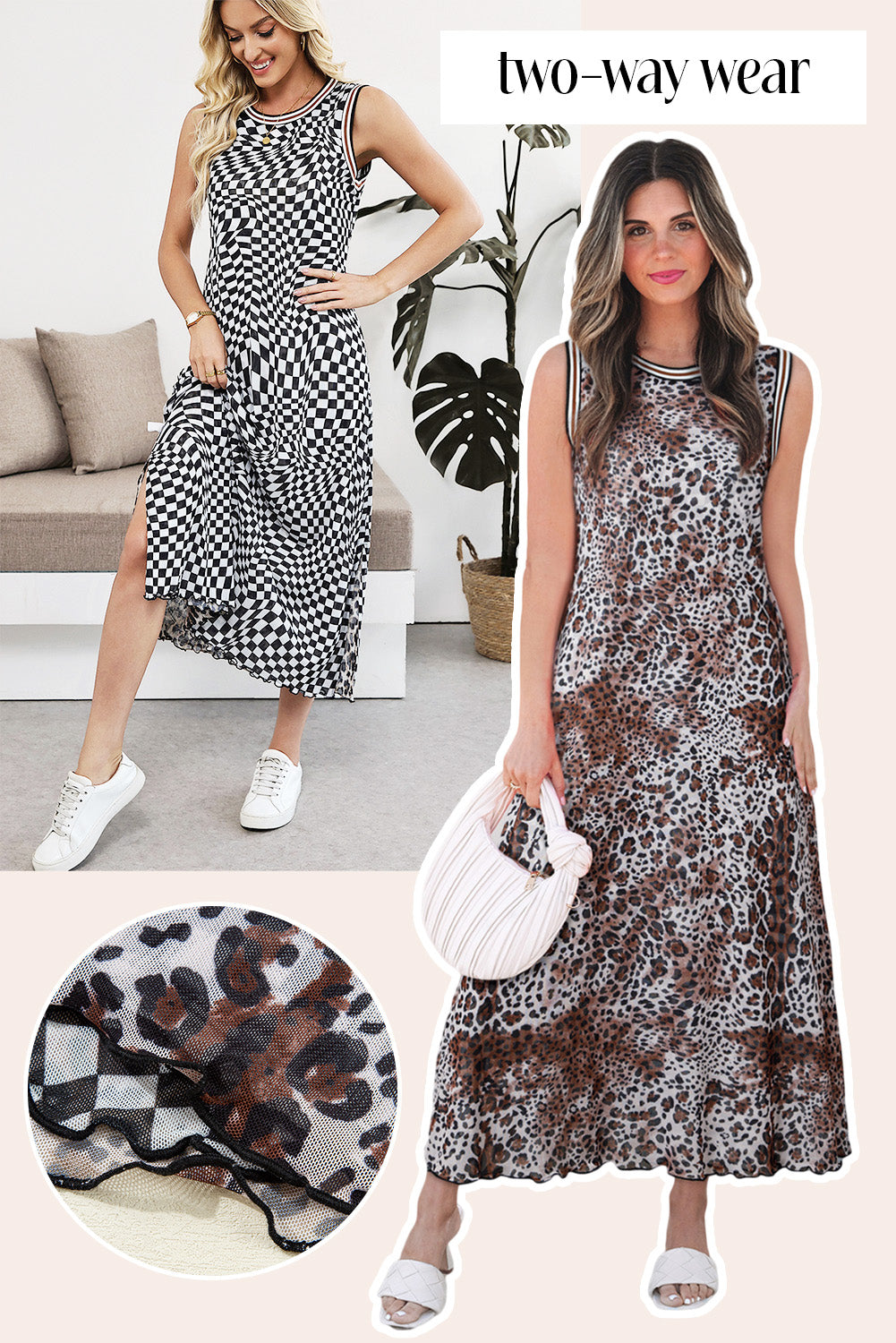 KaleaBoutique Stylish Beautiful Leopard Checkered Double Printed Reversible Sleeveless Long Dress - KaleaBoutique.com