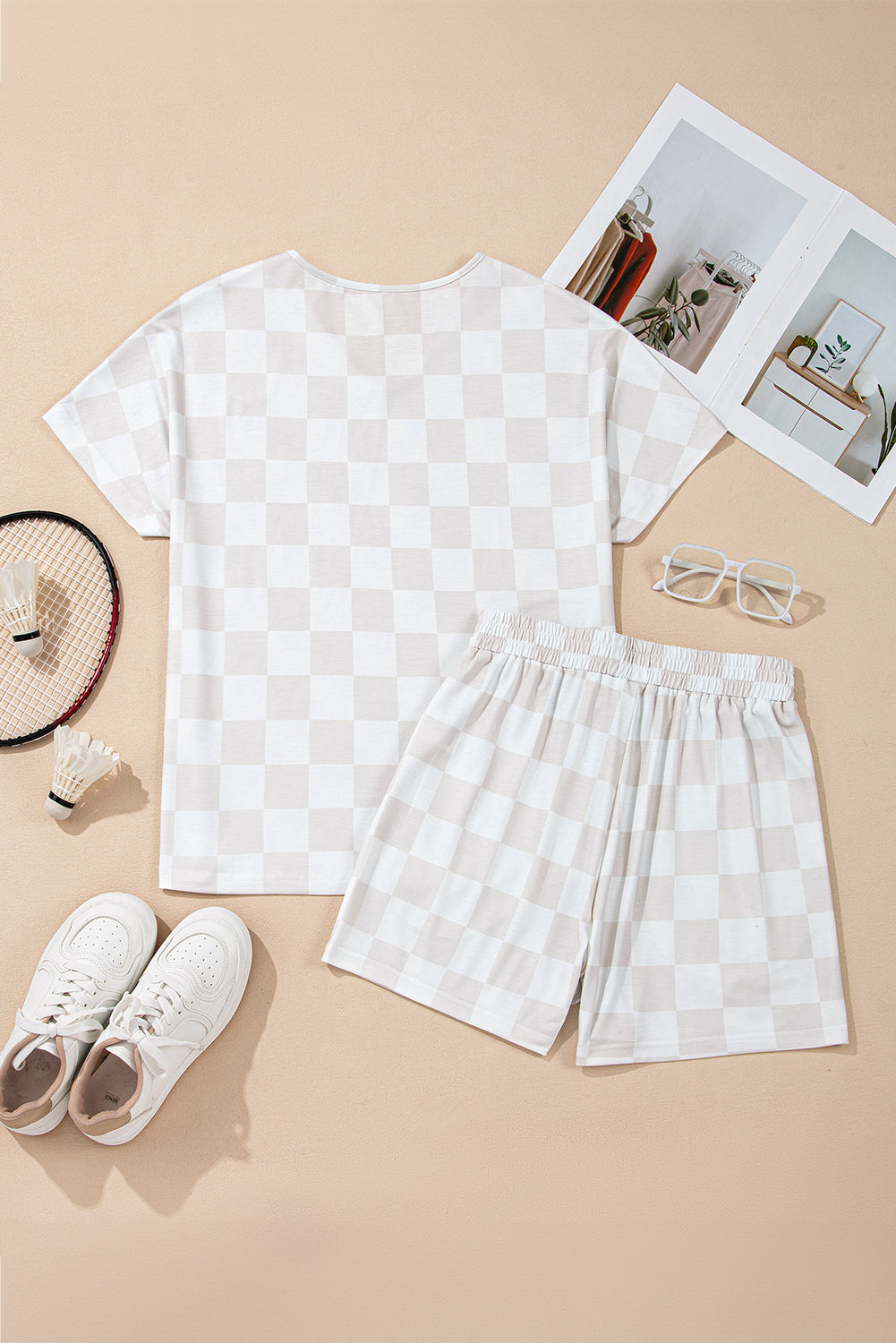 KaleaBoutique Stylish Checkered V Neck Tee Drawstring Shorts Lounge Set - KaleaBoutique.com