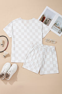 KaleaBoutique Stylish Checkered V Neck Tee Drawstring Shorts Lounge Set - KaleaBoutique.com
