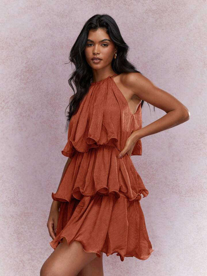 Elegant Halter Neck Sleeveless Strapless Sheer Layered Dress - Ruffled Hem Elegant Women's Summer Party Dress Beach Vacation Outfits - KaleaBoutique.com