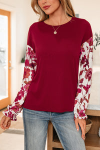 Contrast Floral Sleeve Solid Ribbed Body Patchwork Long Sleeve Top - KaleaBoutique.com