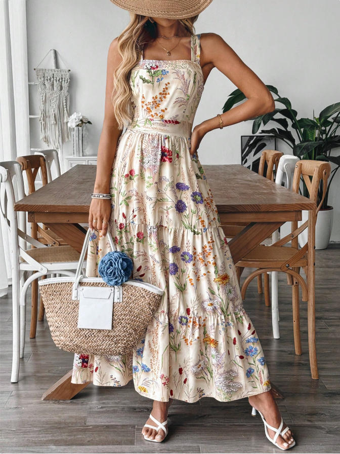 Plant And Floral Strap Maxi Dress - KaleaBoutique.com