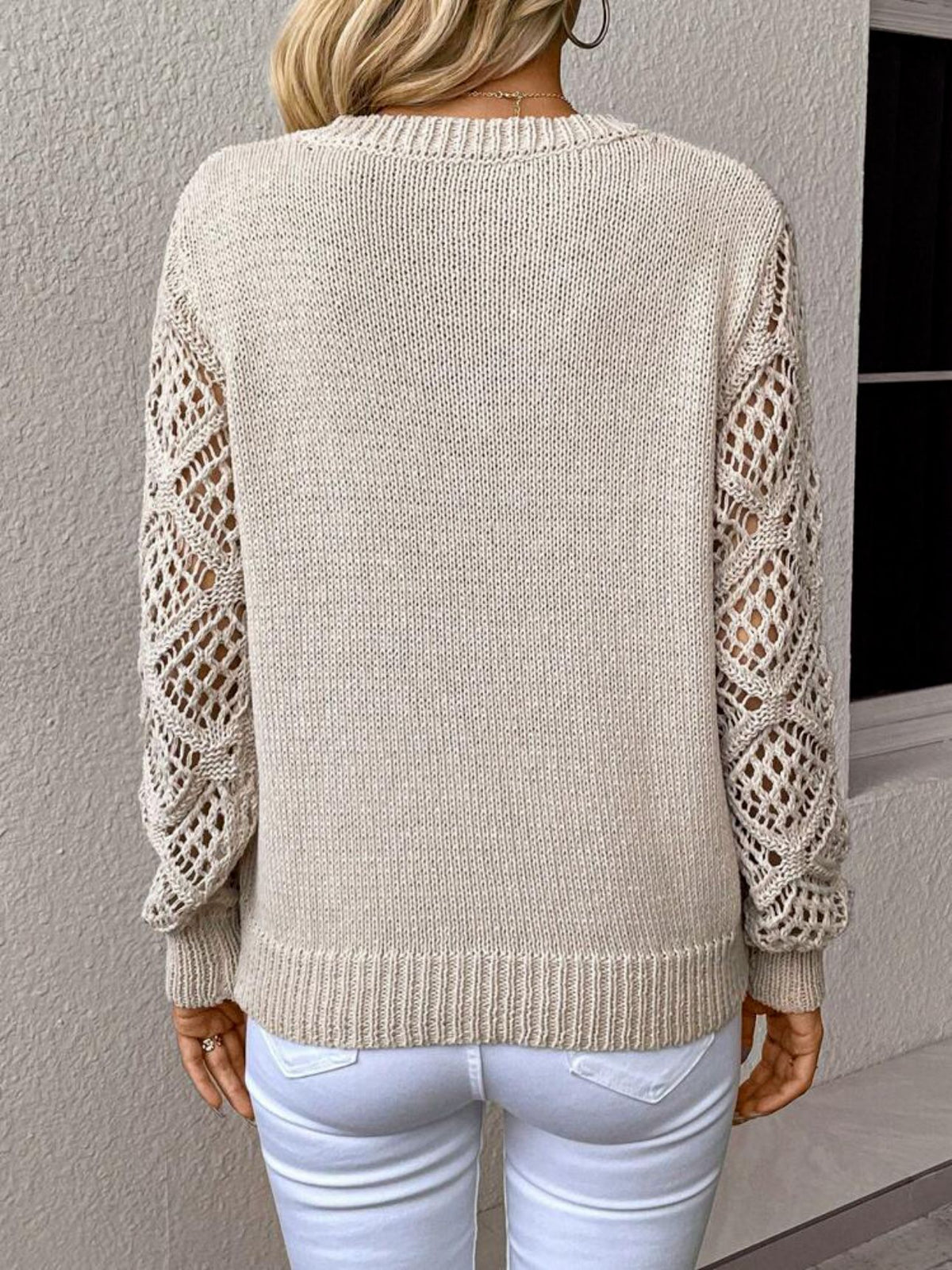 Women's V-Neck Openwork-Sleeve Pullover Sweater - KaleaBoutique.com