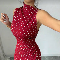 Women's Red Polka-Dot High-Neck Sleeveless Fishtail Dress - KaleaBoutique.com
