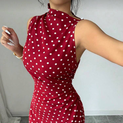 Women's Red Polka-Dot High-Neck Sleeveless Fishtail Dress - KaleaBoutique.com