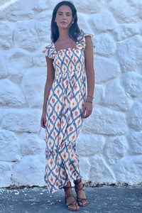 KaleaBoutique Stylish Ethnic Geometric Print Square Neck Smocked High Waist Ruffle Sleeve Dress - KaleaBoutique.com