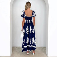 Women's Navy Printed Square-Neck Puff-Sleeve Maxi Dress - KaleaBoutique.com