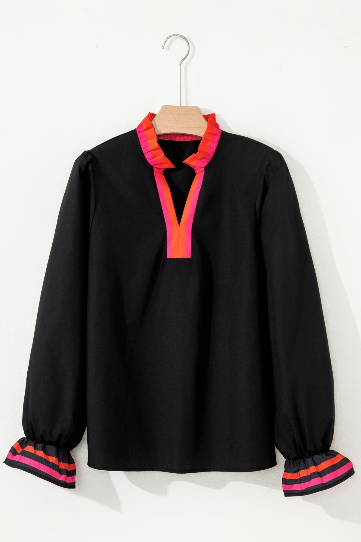 KaleaBoutique Beautiful Striped Trim Ruffle Split Neck Long Sleeve Blouse - KaleaBoutique.com
