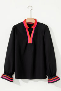 KaleaBoutique Beautiful Striped Trim Ruffle Split Neck Long Sleeve Blouse - KaleaBoutique.com