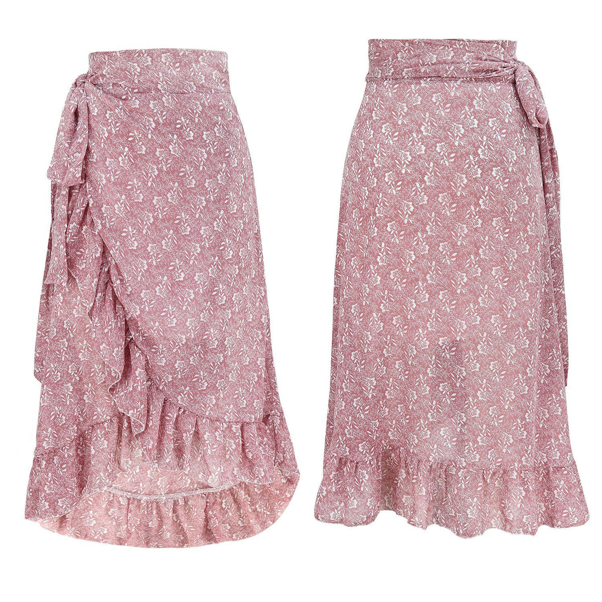 Woman Skirts High Waist Fashion Long Black Knotted Tied Wrap Floral Ruffle Chiffon A-Line Split Skirt Spring Summer Clothes - KaleaBoutique.com