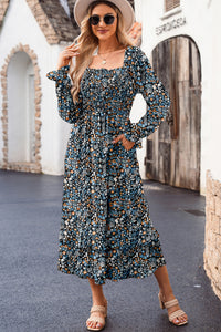 KaleaBoutique Stylish Floral Print Long Sleeve Square Neck Smocked Maxi Dress - KaleaBoutique.com