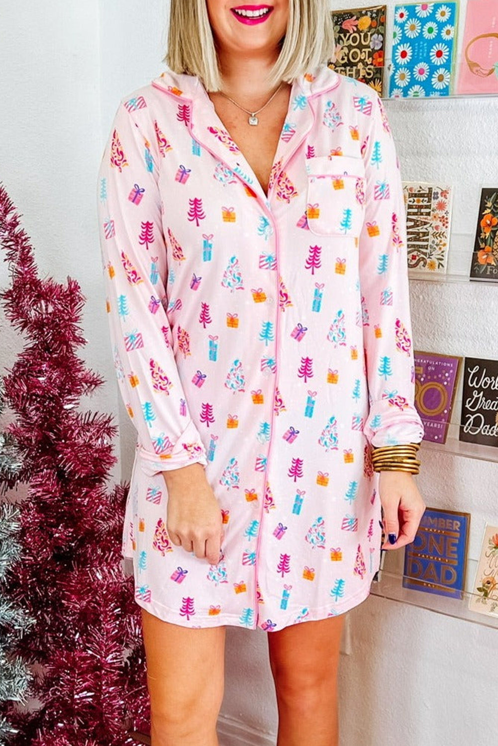 KaleaBoutique Comfortable Christmas Twinkle Tree Print Shirt Sleep Dress - KaleaBoutique.com