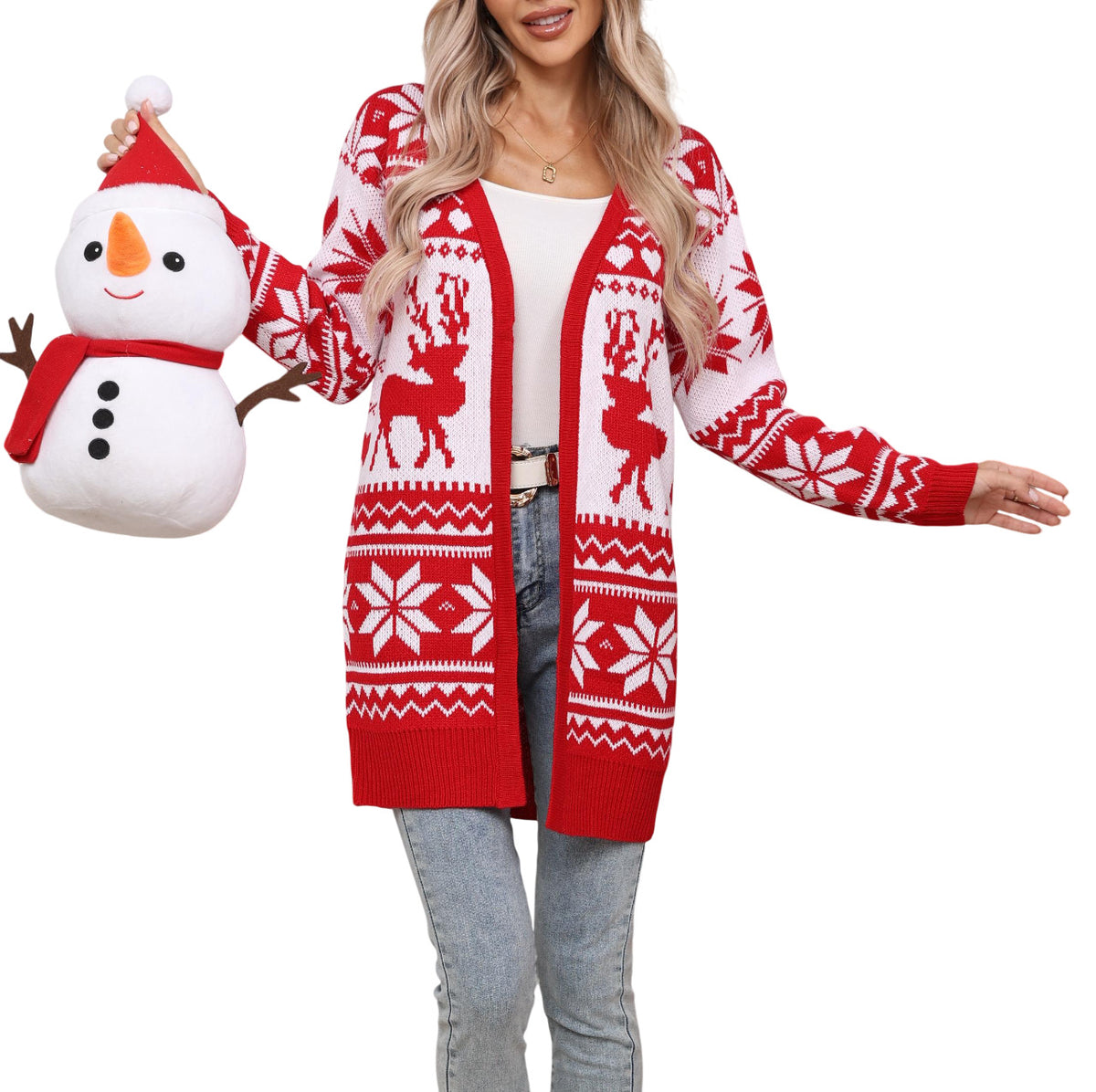 Women's Reindeer and Snowflake Longline Open-Front Cardigan - KaleaBoutique.com