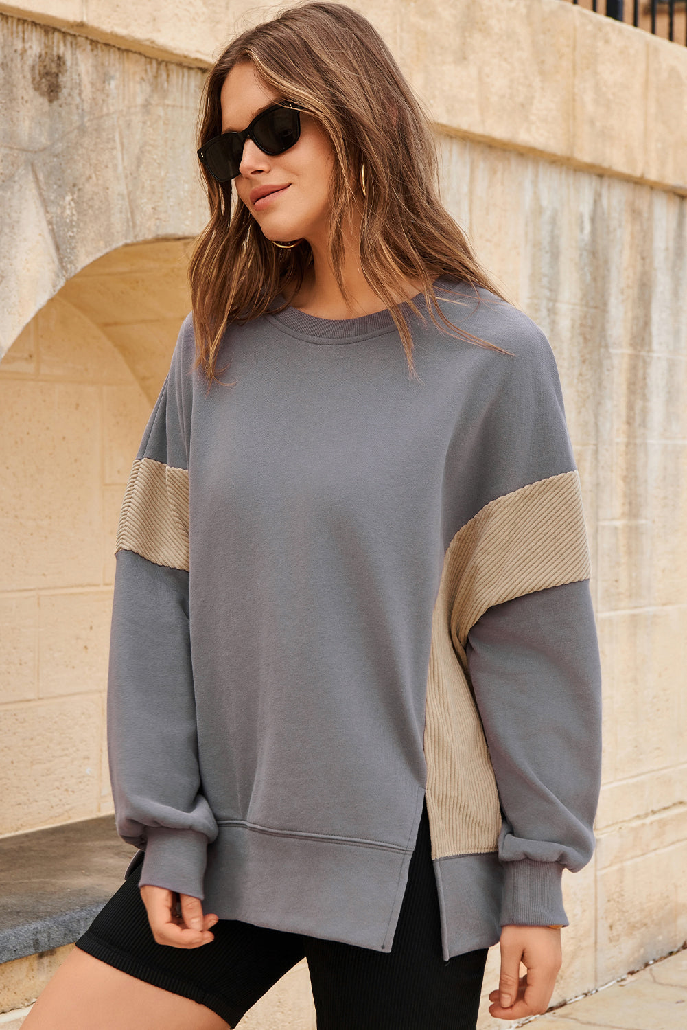 Corduroy Patched Side Slit Sweatshirt - KaleaBoutique.com