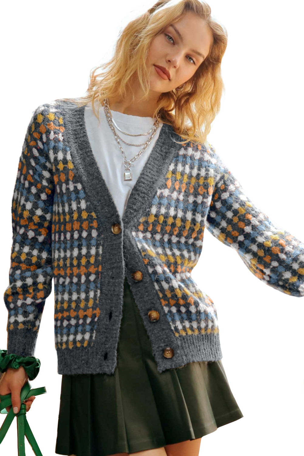 KaleaBoutique Stylish Dotty Pattern Knit Button Front V Neck Sweater Cardigan - KaleaBoutique.com