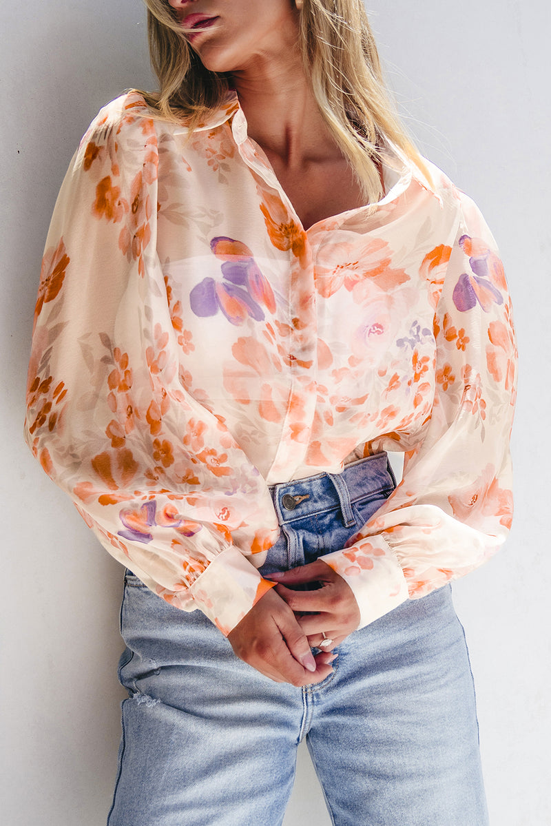 KaleaBoutique Floral Print Collared Balloon Sleeve Loose Shirt - KaleaBoutique.com