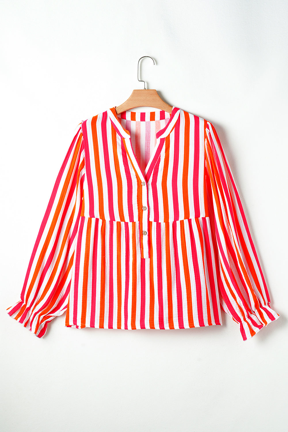 KaleaBoutique Stylish Balloon Sleeve Notched V Neck Buttoned Front Blouse - KaleaBoutique.com