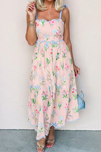 KaleaBoutique Stylish Floral Print Contrast Trim Self-tie Straps High Waist Midi Dress - KaleaBoutique.com