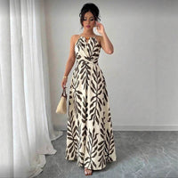 Women's Leaf-Print Beaded Halter Belted Maxi Dress - KaleaBoutique.com