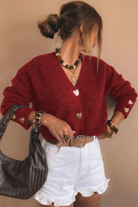 KaleaBoutique Comfortable Heart Metal Button V Neck Cardigan Sweater - KaleaBoutique.com