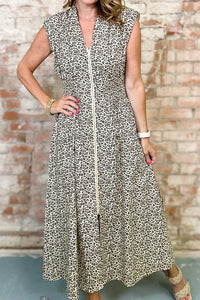 KaleaBoutique Stylish Leopard Zip Front V Neck Cinched Waist Sleeveless Maxi Dress - KaleaBoutique.com