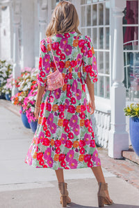 KaleaBoutique Stylish Vibrant Floral Print V Neck Zip Up Puffy Half Sleeve Dress - KaleaBoutique.com