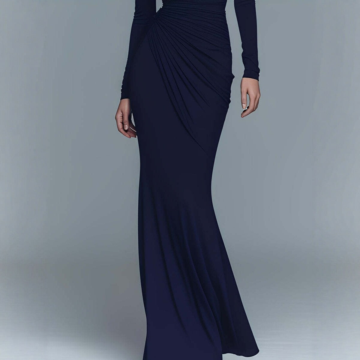 Navy Blue Stretch Turtleneck Draped Long Dress - KaleaBoutique.com