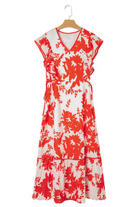 KaleaBoutique Stylish Floral Print Trimmed V Neck Ruffle Sleeve Long Dress - KaleaBoutique.com