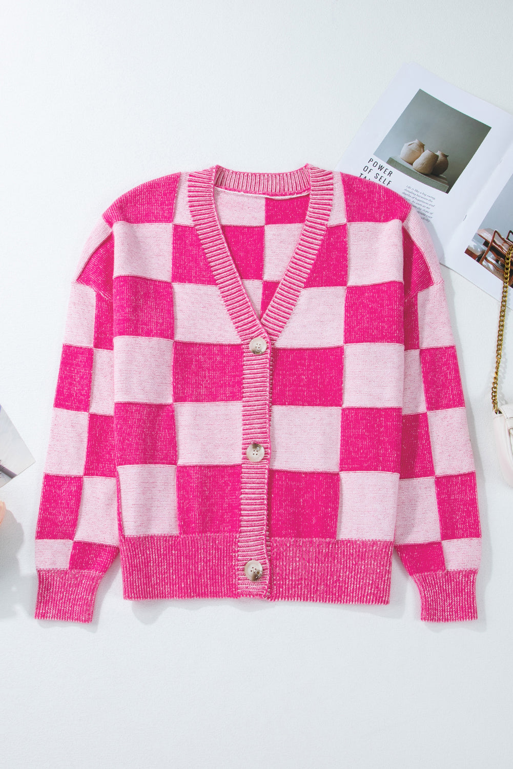 Checkered Drop Shoulder Buttoned V Neck Cardigan - KaleaBoutique.com