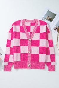 Checkered Drop Shoulder Buttoned V Neck Cardigan - KaleaBoutique.com