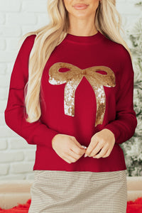 Sequined Bow Graphic Christmas Holiday Sweater - KaleaBoutique.com
