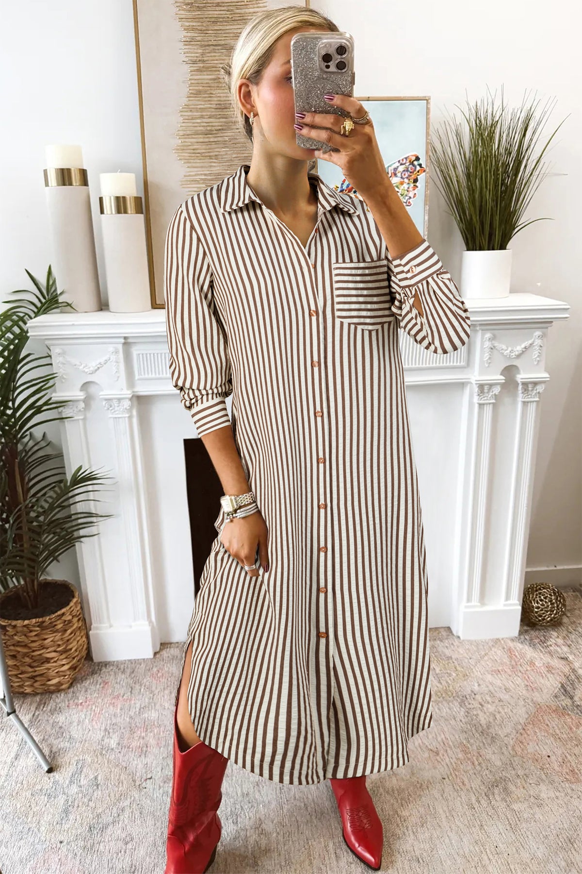 Textured 3/4 Sleeve Round Hem Split Midi Shirt Dress - KaleaBoutique.com