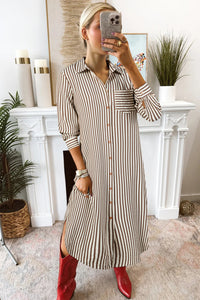 Textured 3/4 Sleeve Round Hem Split Midi Shirt Dress - KaleaBoutique.com
