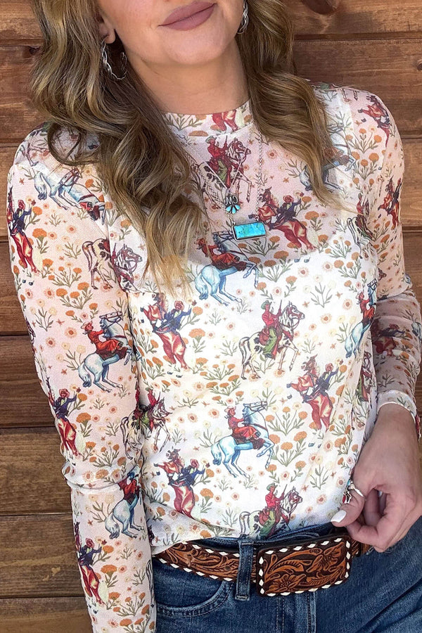 KaleaBoutique Stylish Western Cowboy Floral Print Sheer Mesh Long Sleeve Top - KaleaBoutique.com