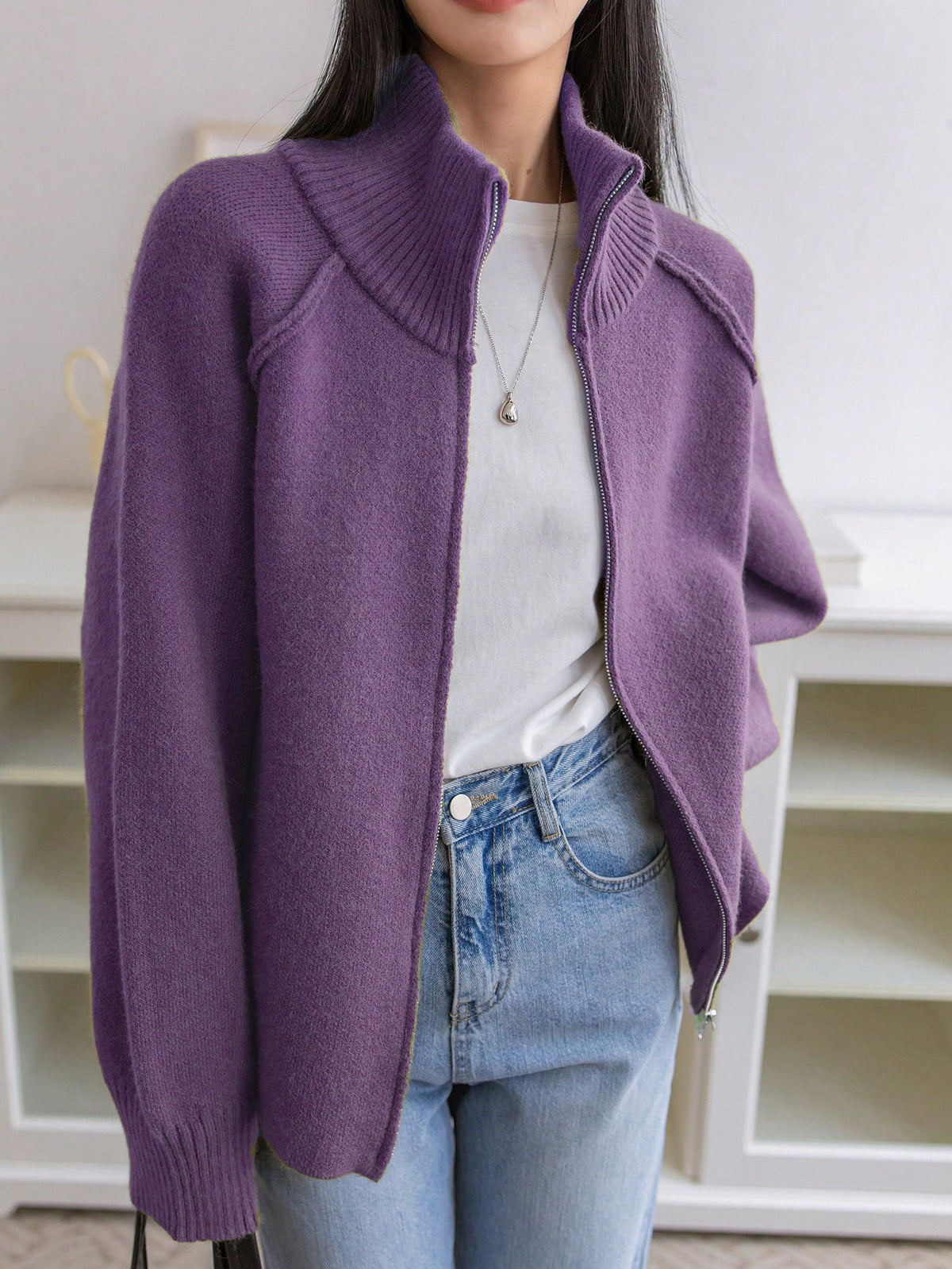 Women's Full-Zip Ribbed-Collar Tight Knit Cardigan - KaleaBoutique.com