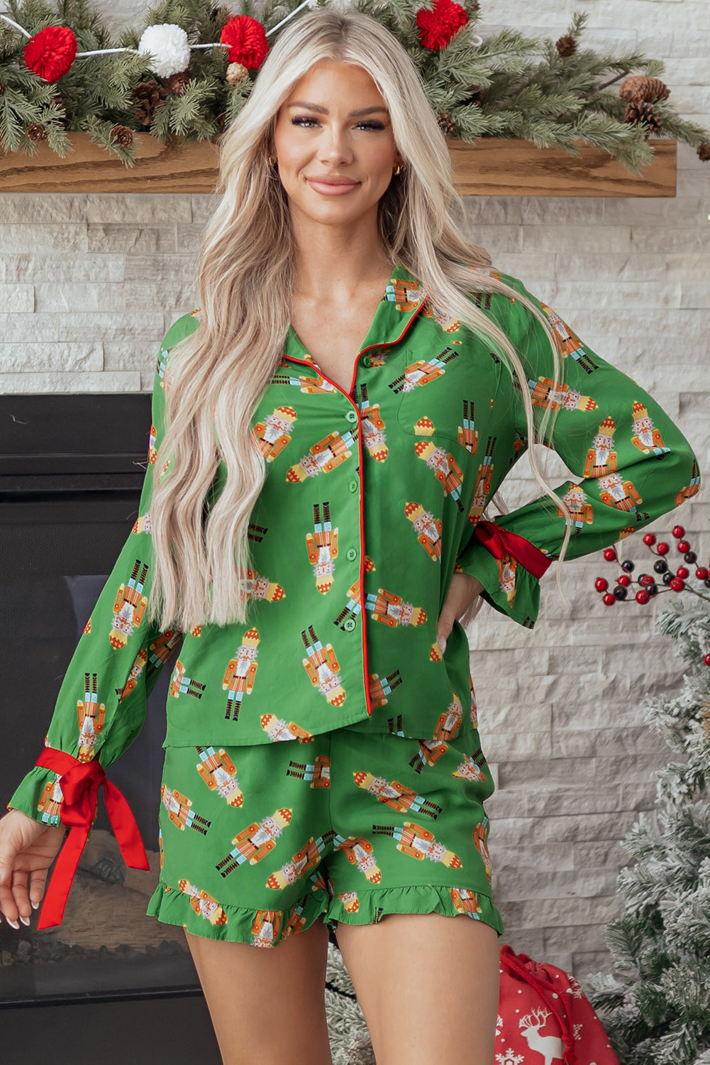 KaleaBoutique Stylish Christmas Candy Contrast Trim Bow Knot Silky 2pcs Pajama Set - KaleaBoutique.com