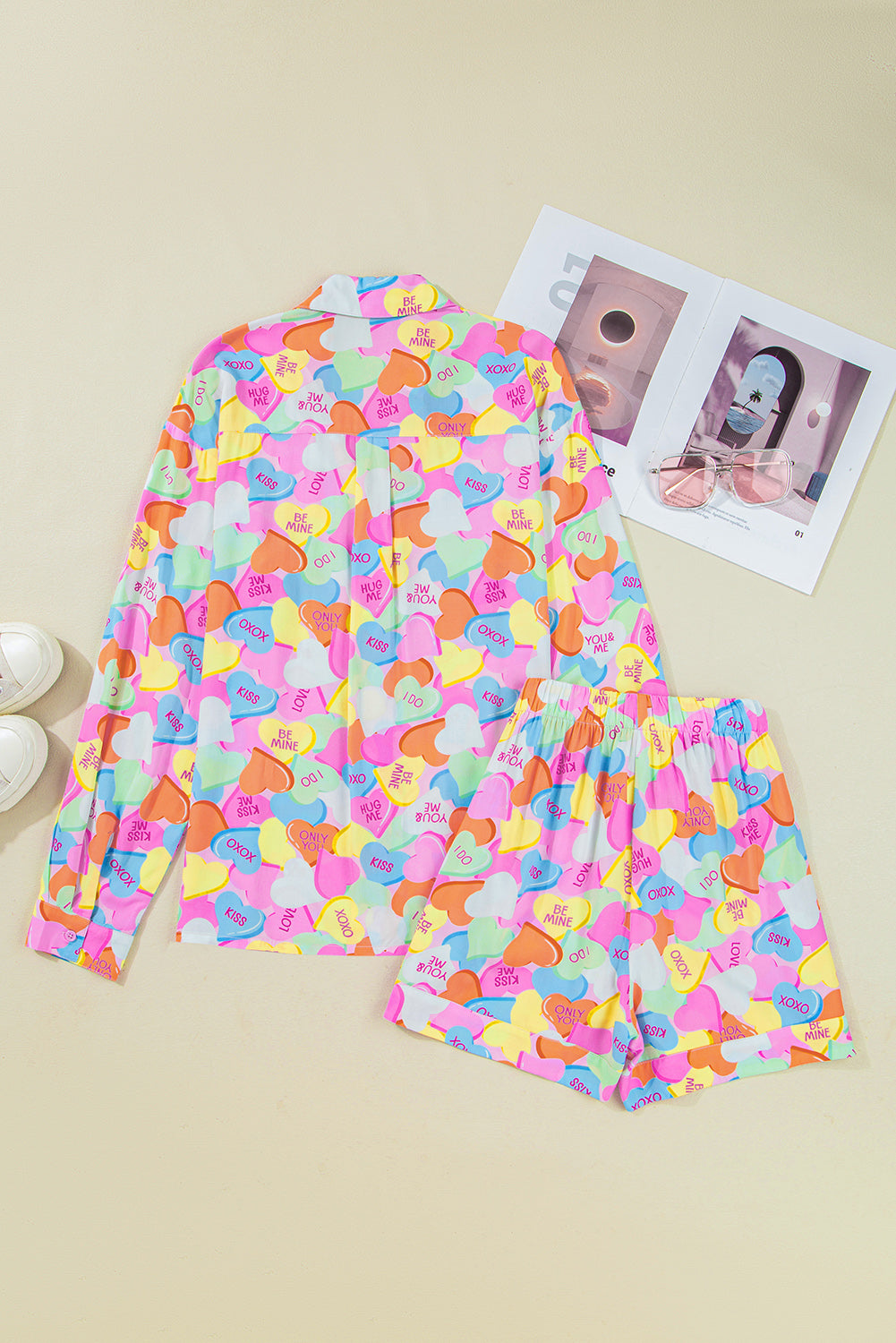 KaleaBoutique Comfortable Valentines Candy Heart V Neck Collared Tunic Shirt and Shorts 2pcs Pajama Set - KaleaBoutique.com