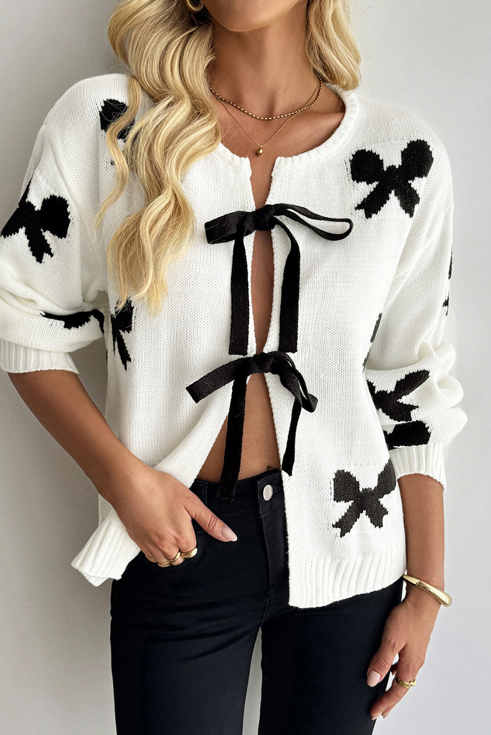 KaleaBoutique Comfortable Lace-up Bow Pattern Sweater Cardigan - KaleaBoutique.com