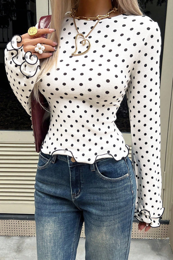 KaleaBoutique Stylish Polka Dot Print Lettuce Trim Long Sleeve Top - KaleaBoutique.com