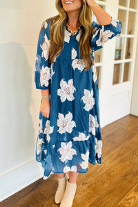 KaleaBoutique Comfortable Floral Print Shirt Collar V Neck 3/4 Sleeve Shift Midi Dress - KaleaBoutique.com