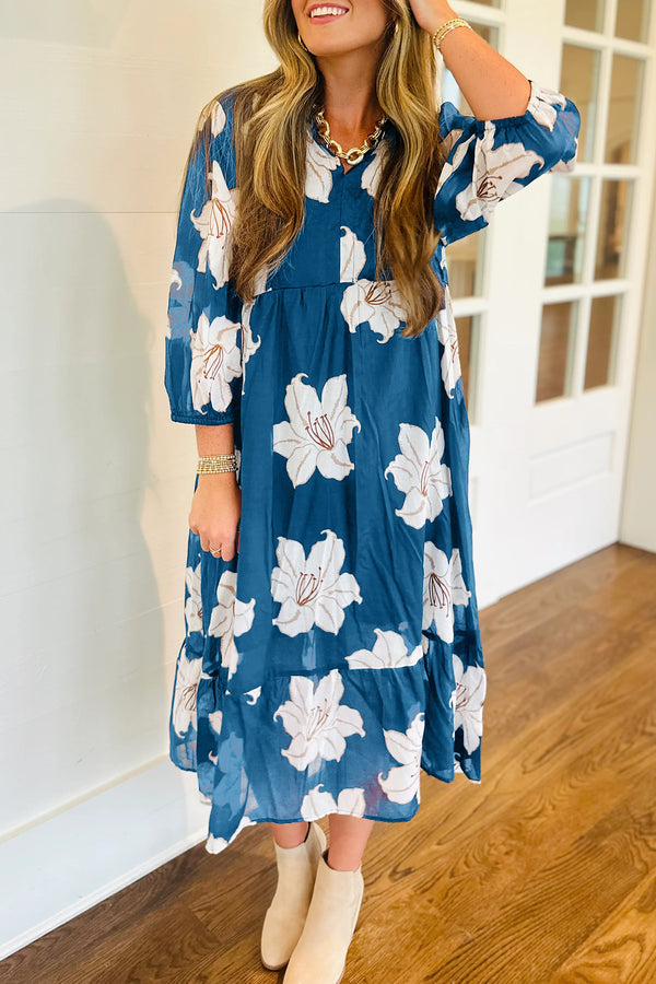 KaleaBoutique Comfortable Floral Print Shirt Collar V Neck 3/4 Sleeve Shift Midi Dress - KaleaBoutique.com
