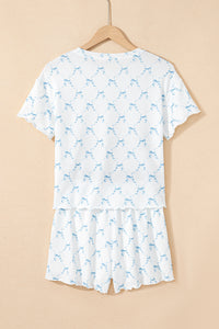 KaleaBoutique Stylish Bow Knot Geometric Print Lettuce Trim Two Piece Lounge Set - KaleaBoutique.com