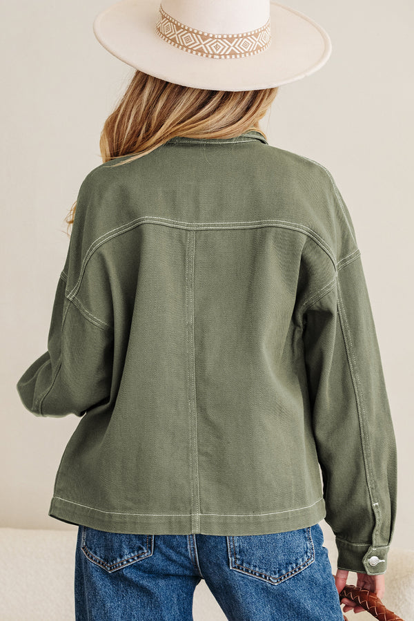 Patched Pocket Collared Button Front Boyfriend Denim Jacket - KaleaBoutique.com
