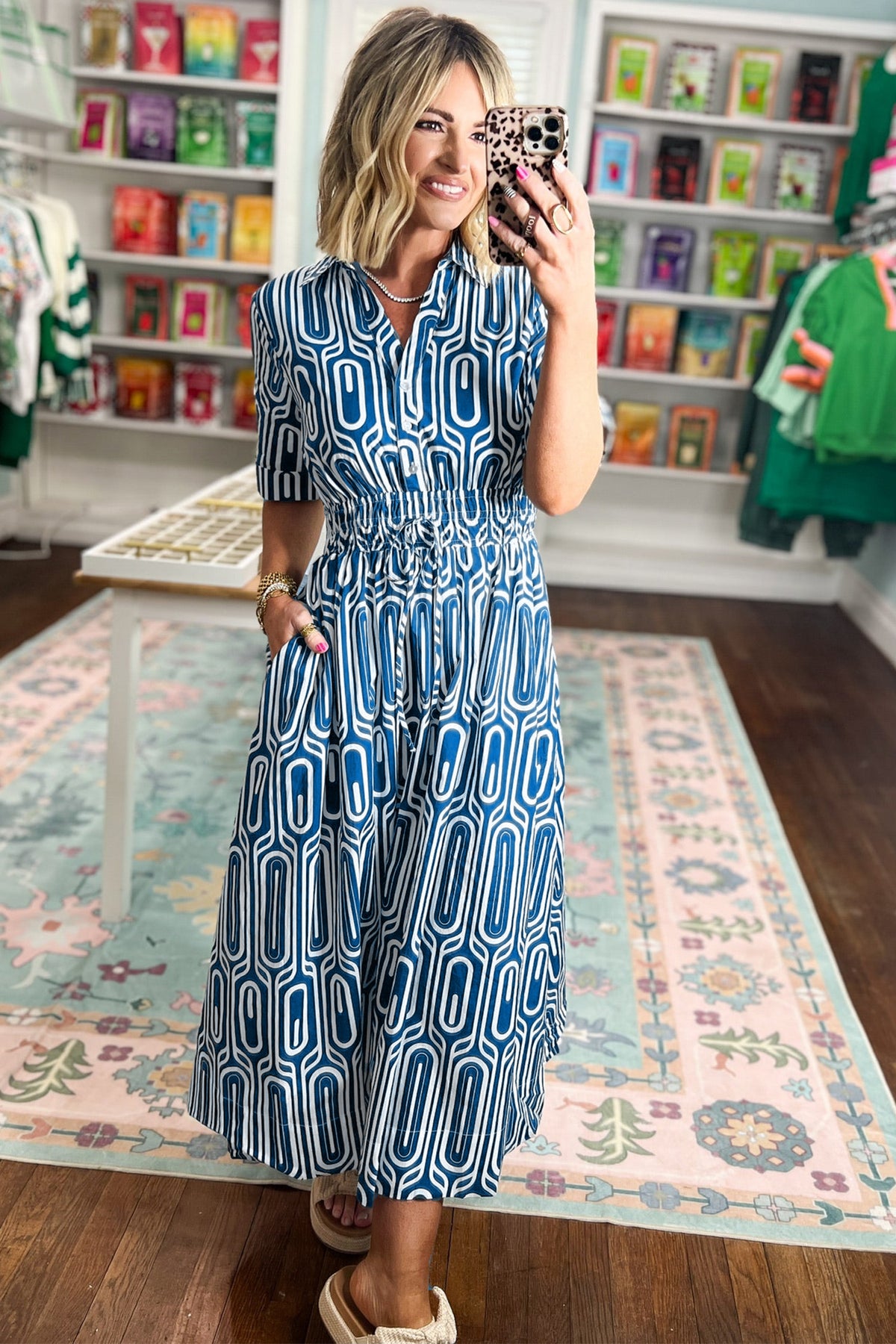 KaleaBoutique Stylish Geometric Print Short Sleeve Drawstring Shirt Collar Dress - KaleaBoutique.com