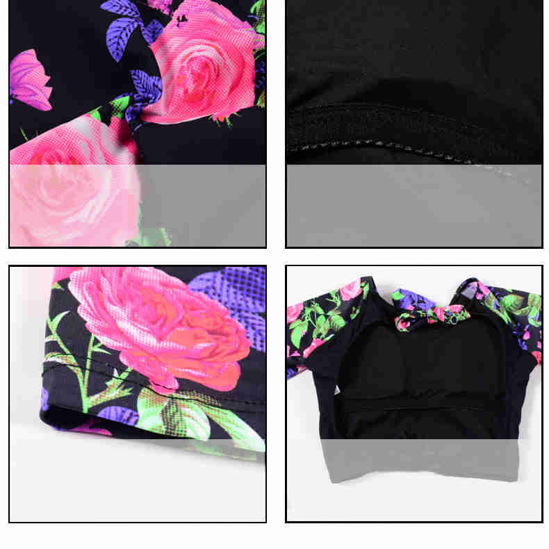 Women's Black Floral Long-Sleeve Crop Tank Top 2 PC Bikini Set - KaleaBoutique.com