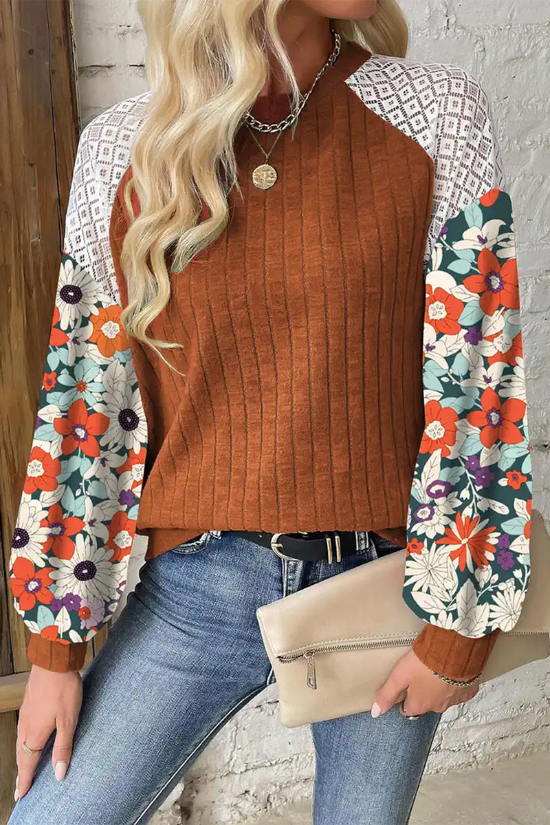 KaleaBoutique Stylish Floral Patchwork Long Sleeve Ribbed Blouse - KaleaBoutique.com