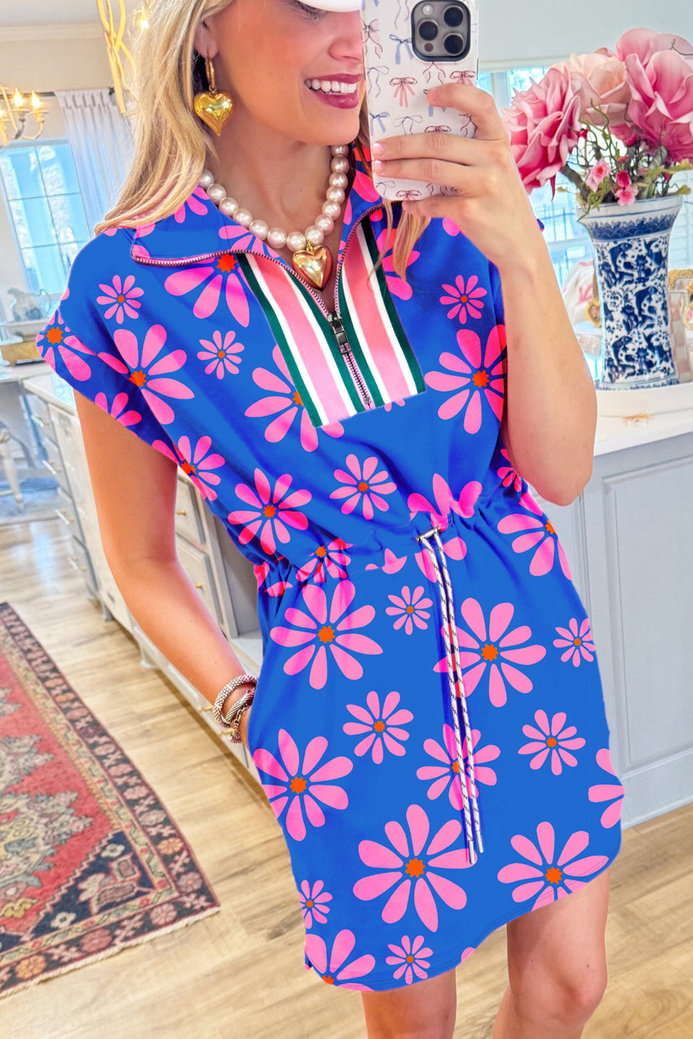 Floral Striped Quarter Zip Cap Sleeve Drawstring Waist Mini Dress - KaleaBoutique.com