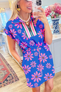 Floral Striped Quarter Zip Cap Sleeve Drawstring Waist Mini Dress - KaleaBoutique.com