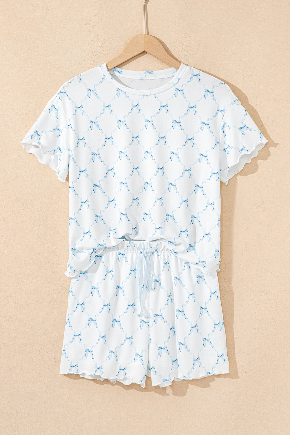 KaleaBoutique Stylish Bow Knot Geometric Print Lettuce Trim Two Piece Lounge Set - KaleaBoutique.com