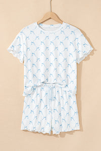 KaleaBoutique Stylish Bow Knot Geometric Print Lettuce Trim Two Piece Lounge Set - KaleaBoutique.com